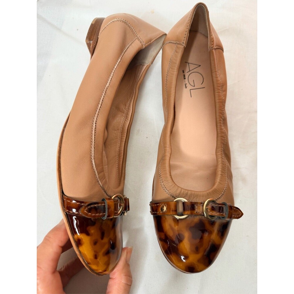 AGL Attilio Giusti Leombruni Monika Tan Leather Tortoise Cap Toe Flats sz 8.5 38 - Picture 3 of 3